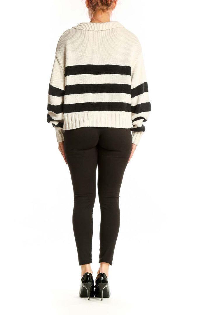 Cream and black striped knit pullover with collared neckline and relaxed fit, back view