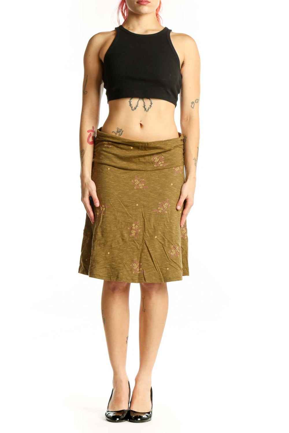 Olive green A-line skirt with pink and cream floral embroidery, wrap waistband, knee-length, front view