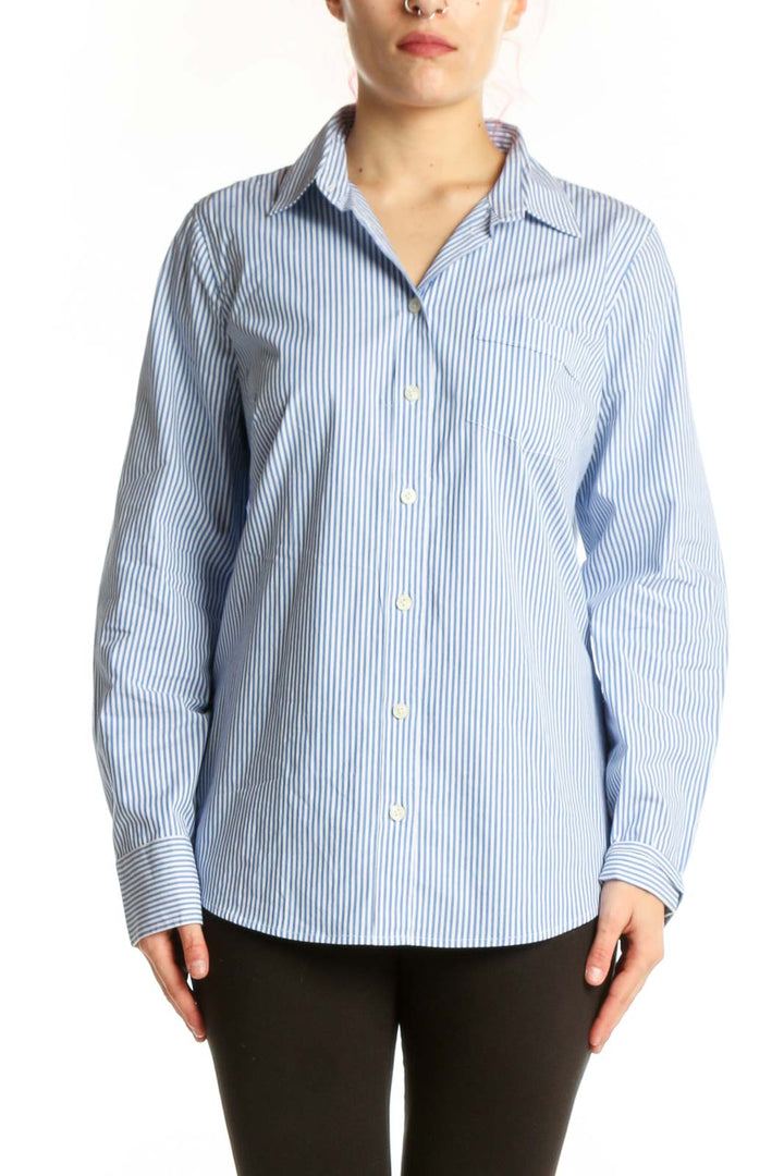 Blue and white striped J.Crew button-down shirt front view, size M