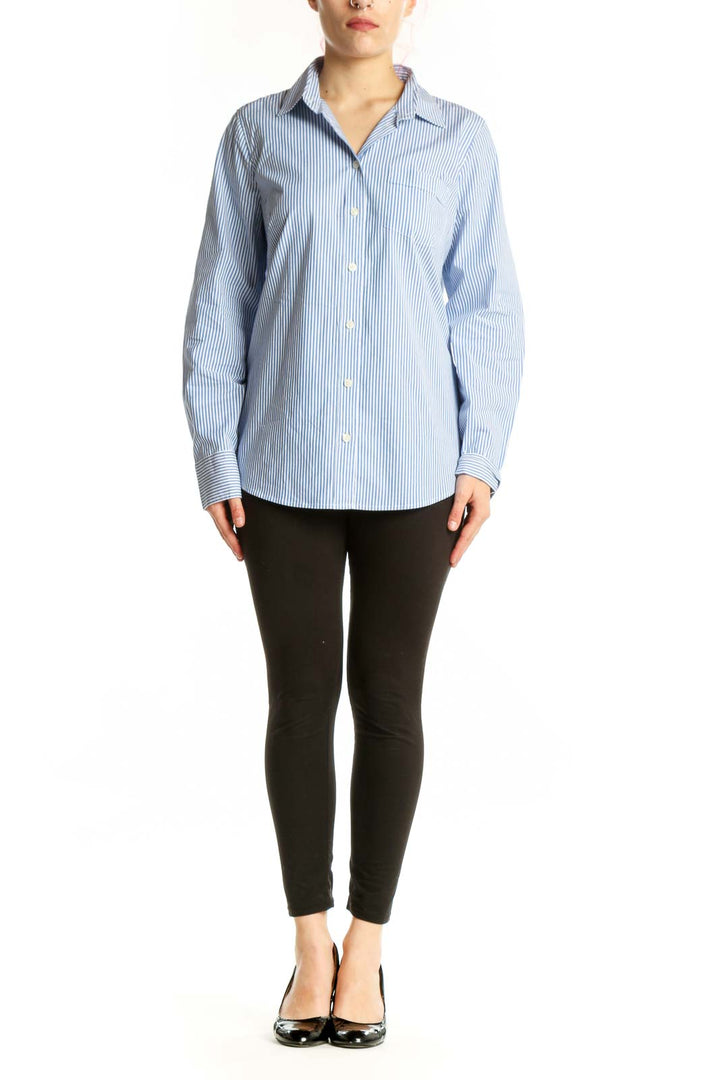 Blue and white striped J.Crew button-down shirt front view, size M
