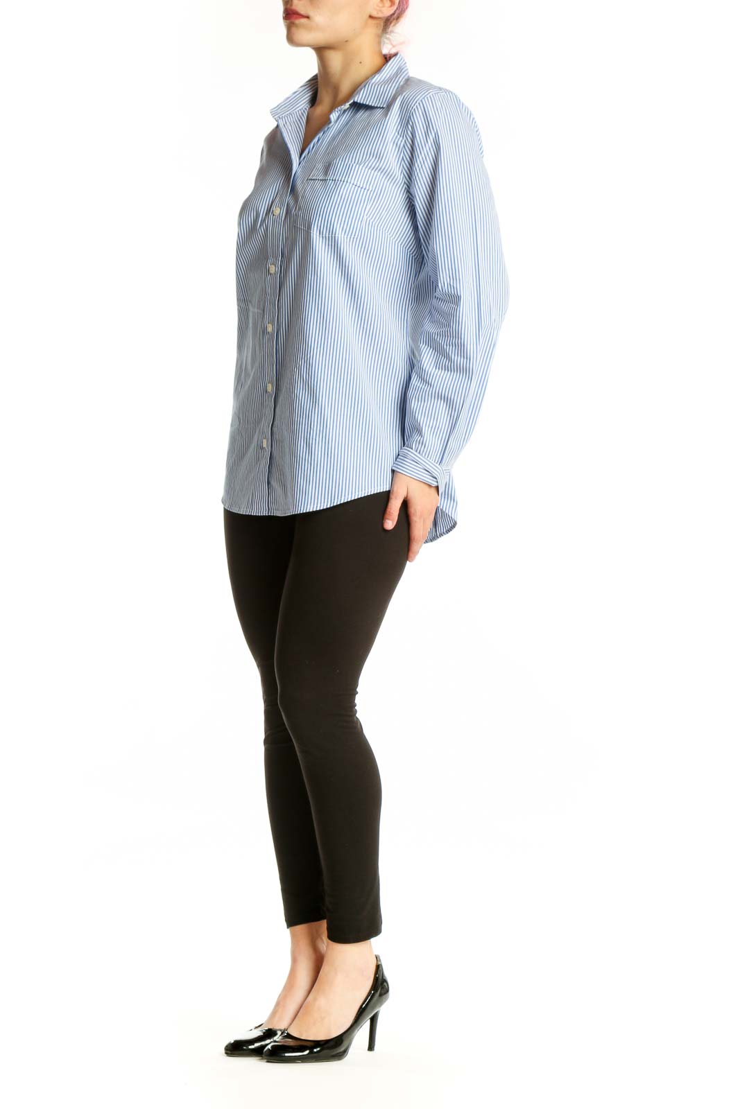 Blue and white striped J.Crew button-down shirt front view, size M