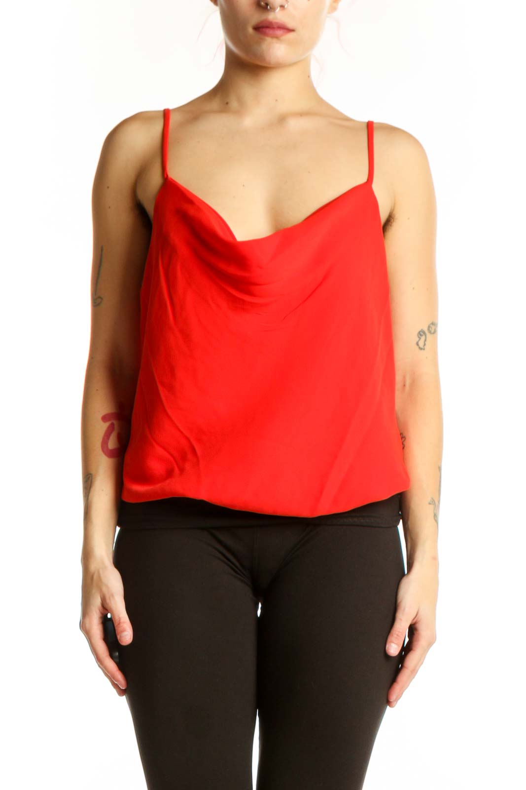 Red cowl neck camisole top with draped neckline and spaghetti straps, front view