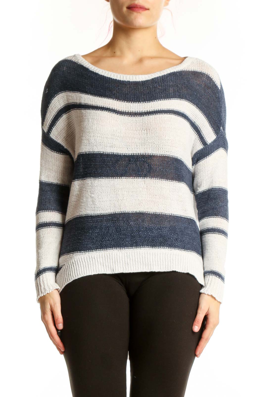 Navy and cream striped linen knit sweater with crew neckline and long sleeves, front view