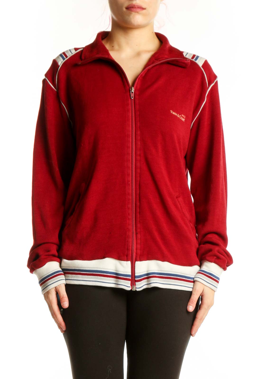 Red velvet varsity track jacket with white and navy striped trim, full-zip closure, and collared neckline