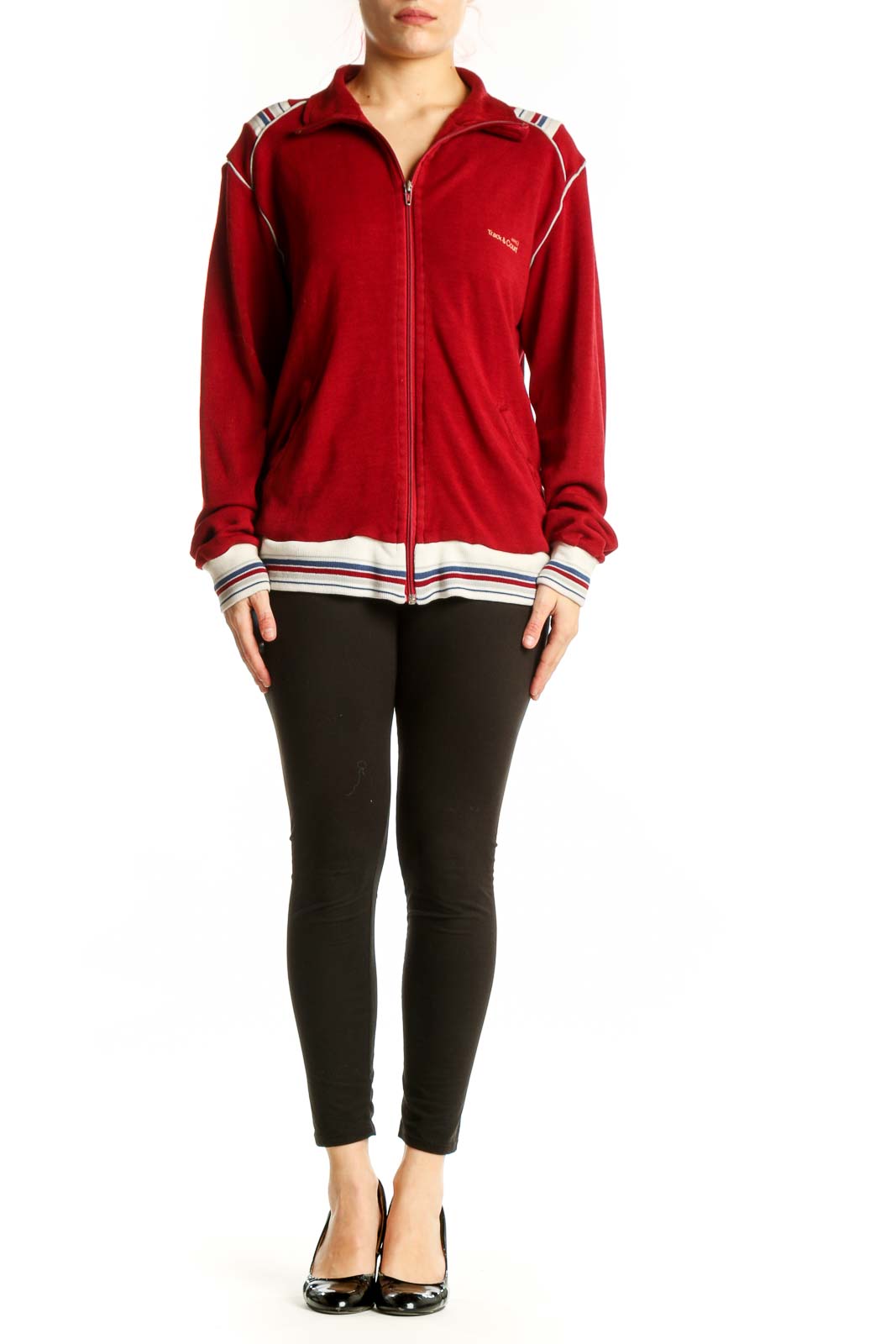Red velvet varsity track jacket with white and navy striped trim, full-zip closure, and collared neckline