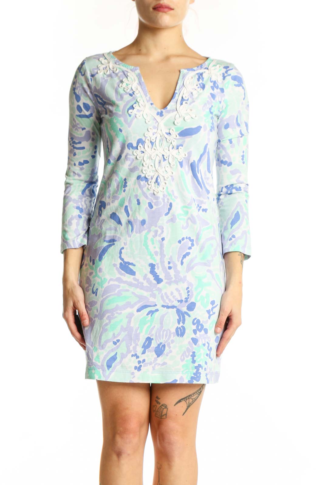 Blue floral Pima cotton shift dress with V-neckline and three-quarter sleeves, front view