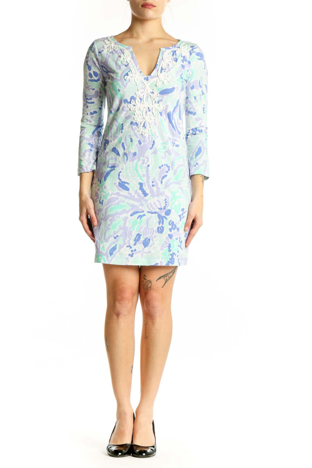 Blue floral Pima cotton shift dress with V-neckline and three-quarter sleeves, front view