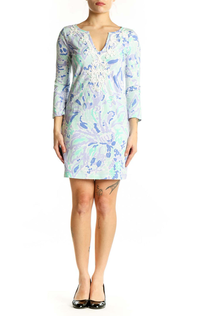Blue floral Pima cotton shift dress with V-neckline and three-quarter sleeves, front view