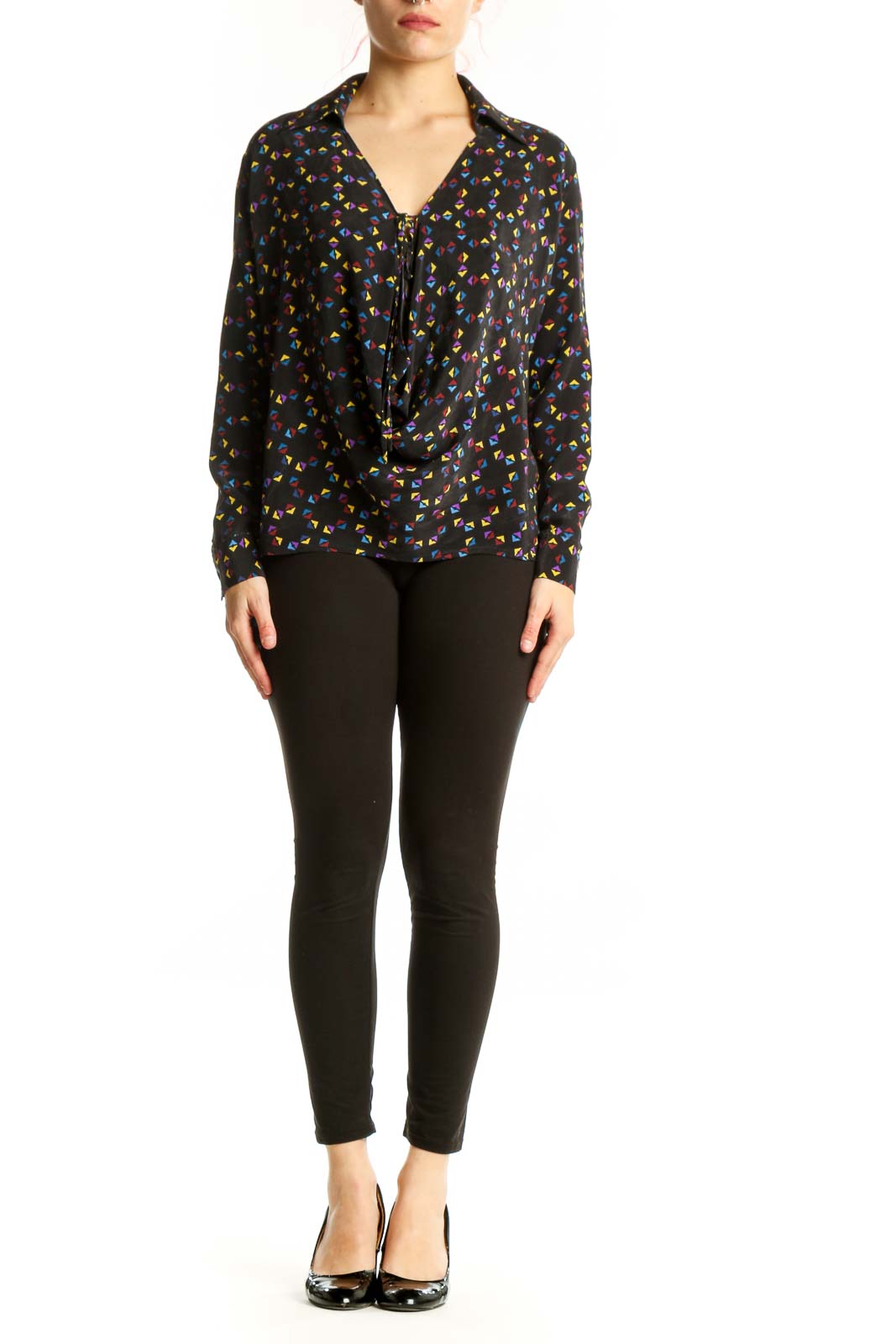 Black silk blouse with multicolor floral print, button-front closure and tie neckline detail by Derek Lam