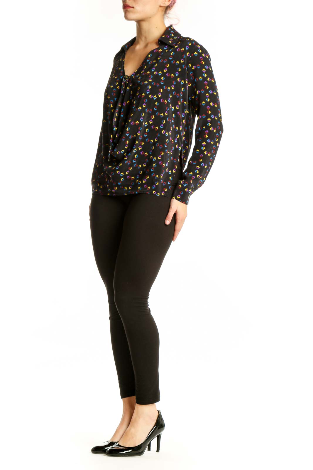 Black silk blouse with multicolor floral print, button-front closure and tie neckline detail by Derek Lam