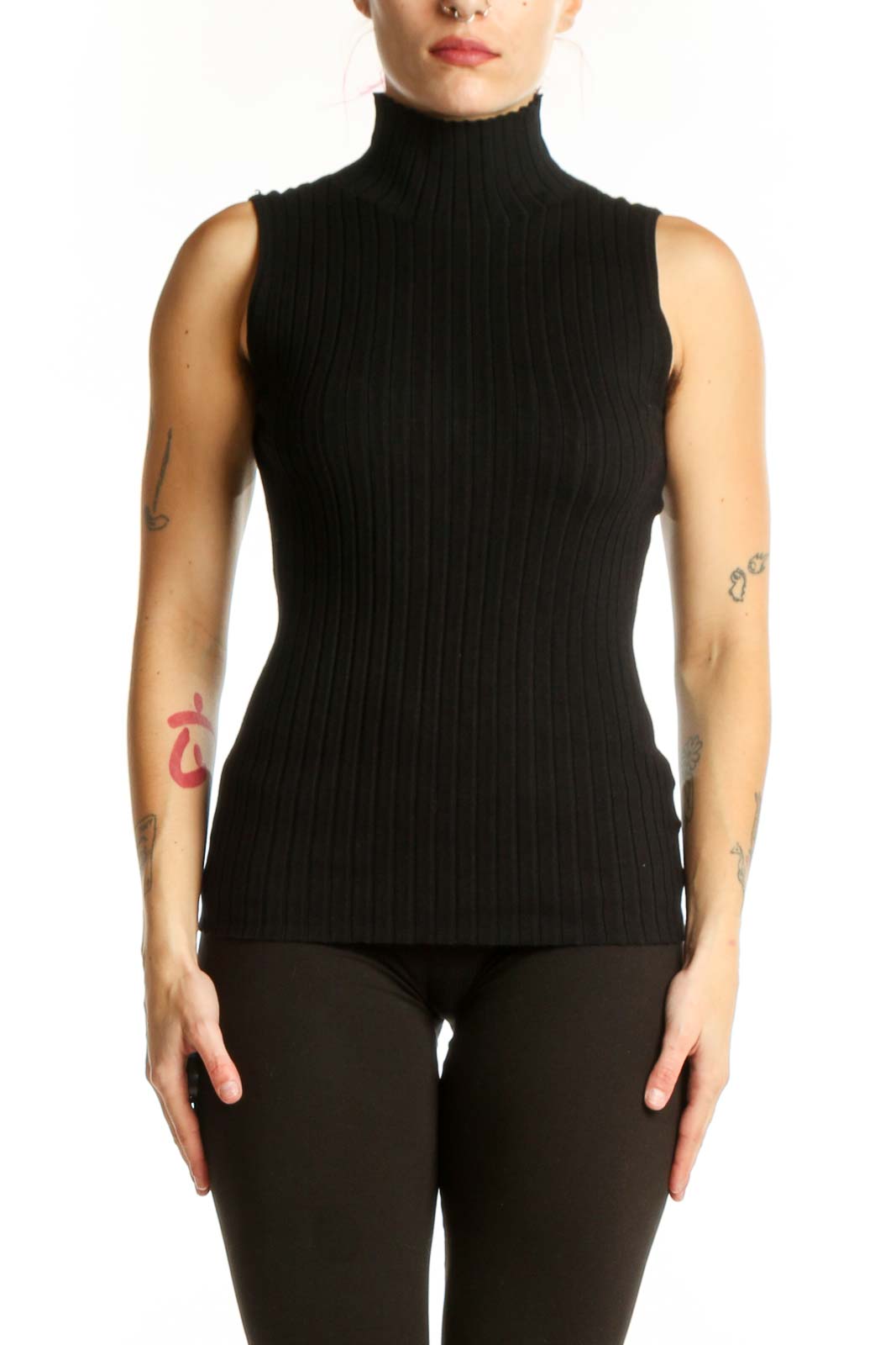 Black ribbed turtleneck sleeveless top front view, fitted silhouette, size M