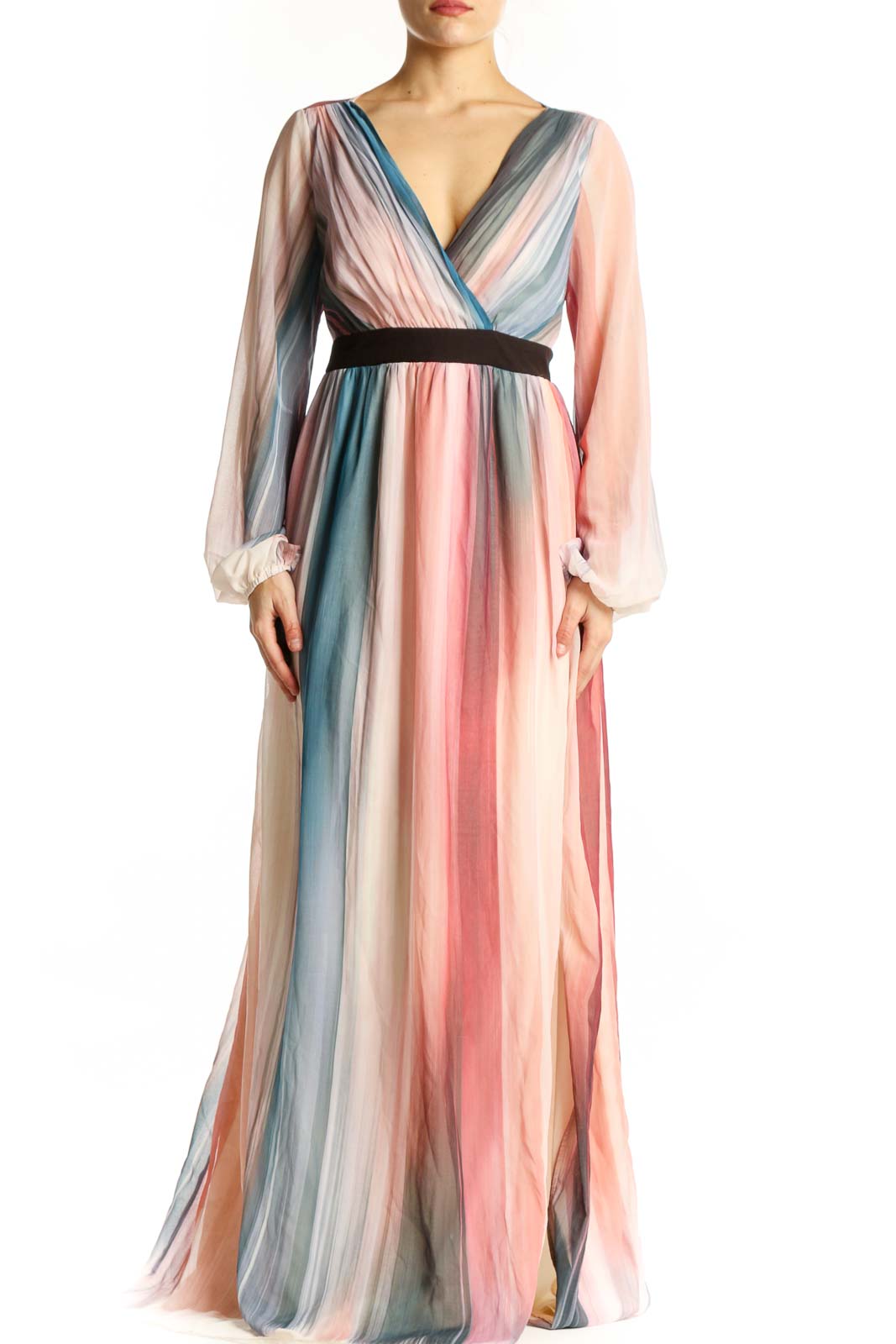 Front view of multicolor striped wrap maxi dress with V-neckline and long sleeves by Little Mistress