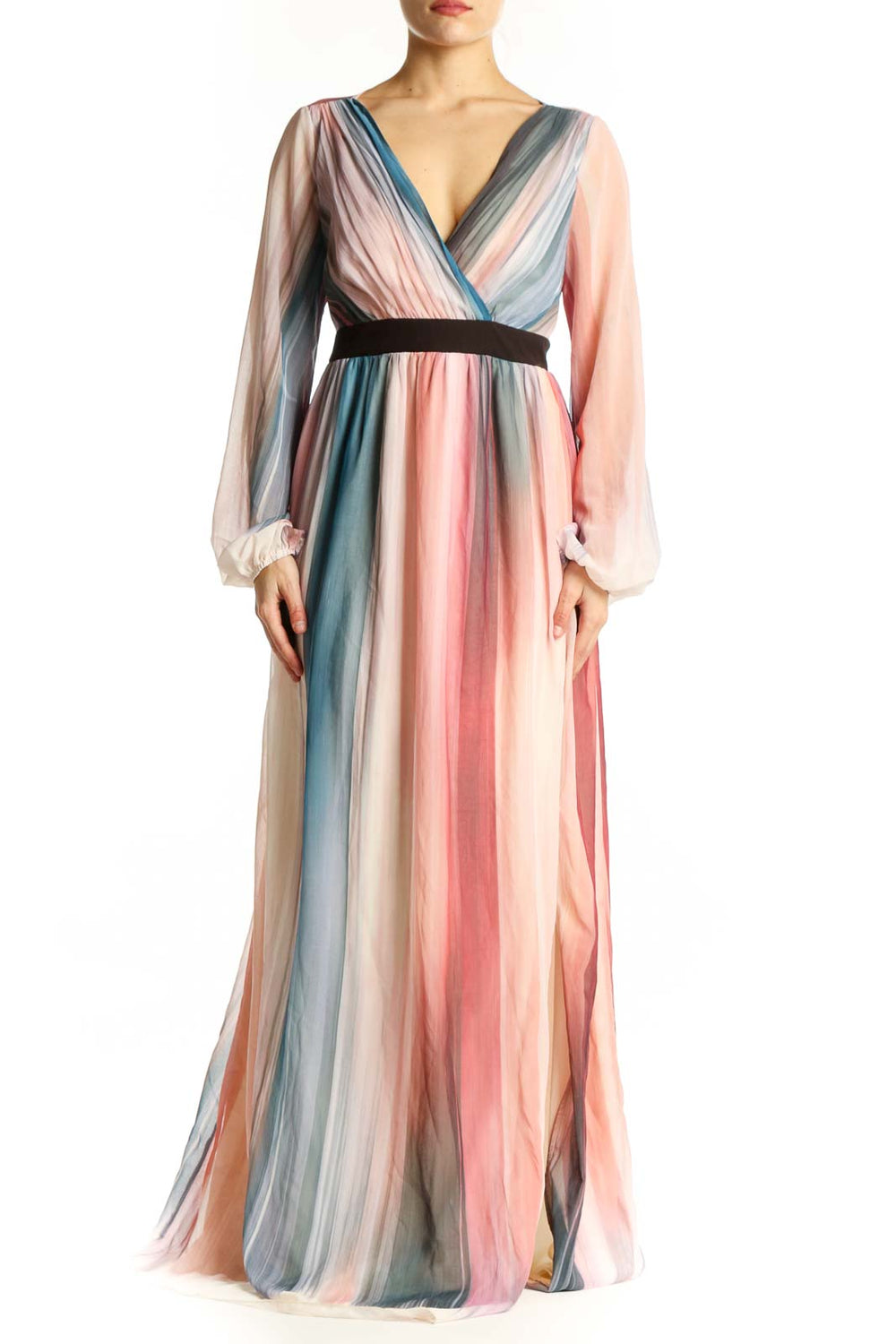 Front view of multicolor striped wrap maxi dress with V-neckline and long sleeves by Little Mistress