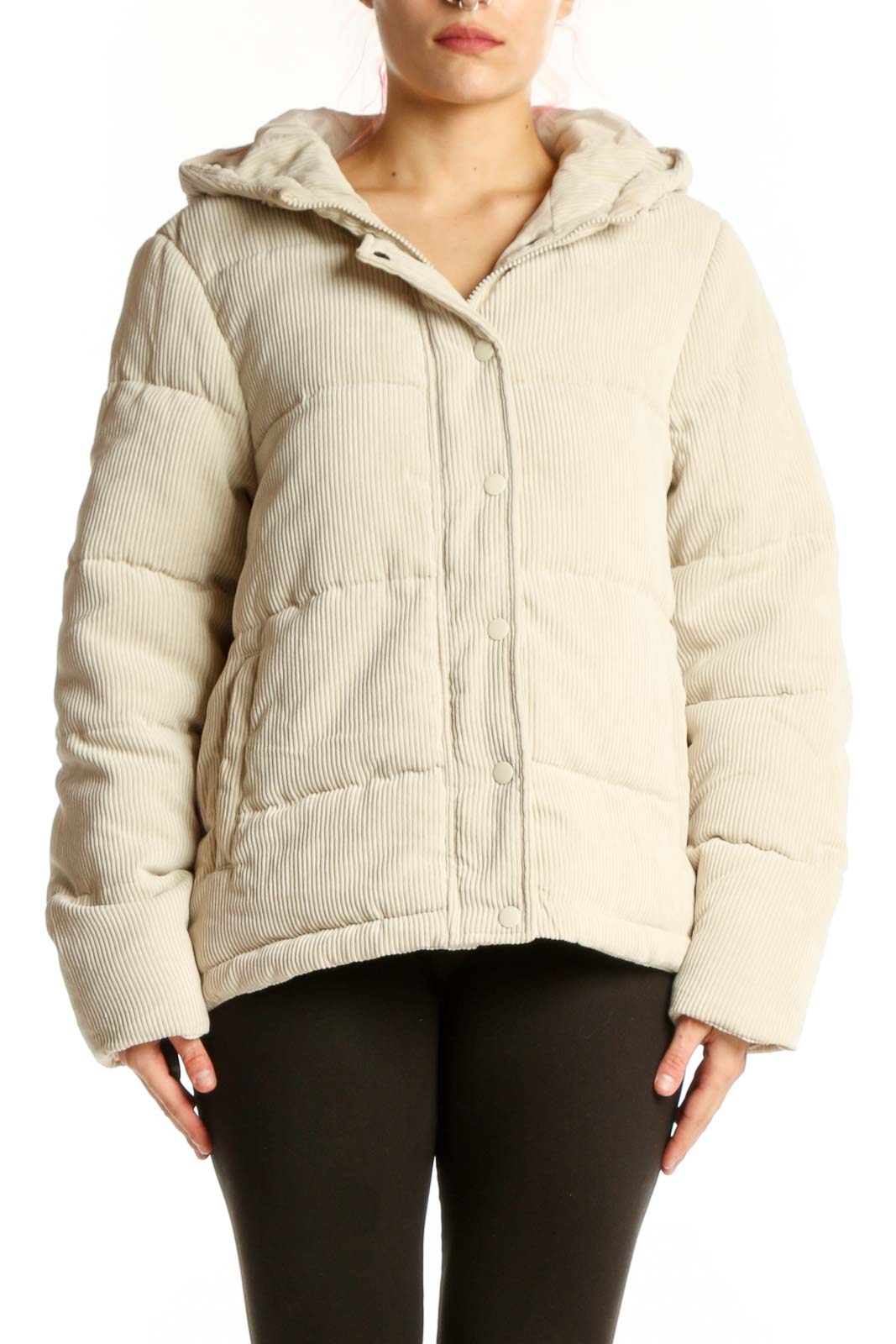 SilkRoll cream quilted puffer jacket with drawstring hood, front view on model