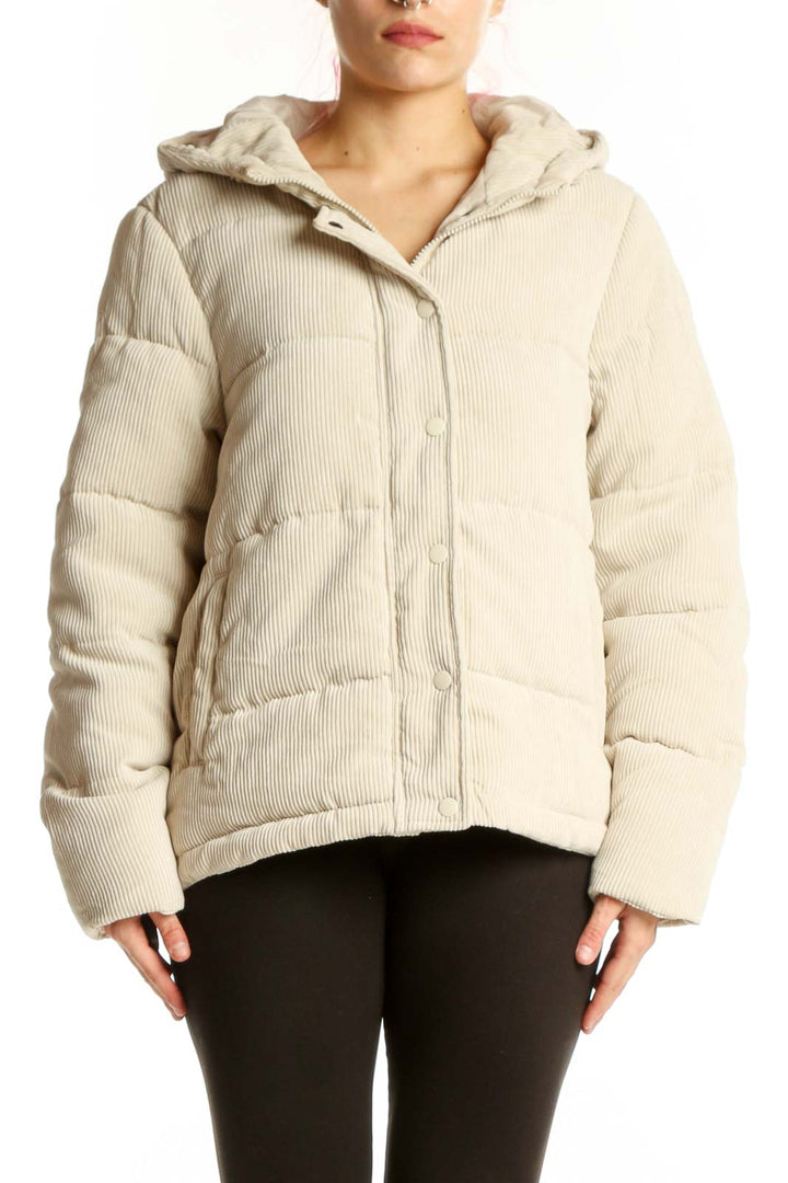 SilkRoll cream quilted puffer jacket with drawstring hood, front view on model