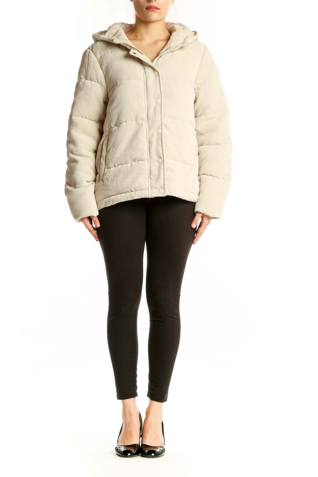 SilkRoll cream quilted puffer jacket with drawstring hood, front view on model