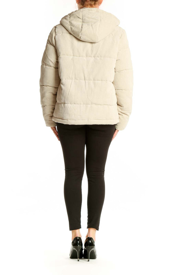 SilkRoll cream quilted puffer jacket with drawstring hood, back view on model