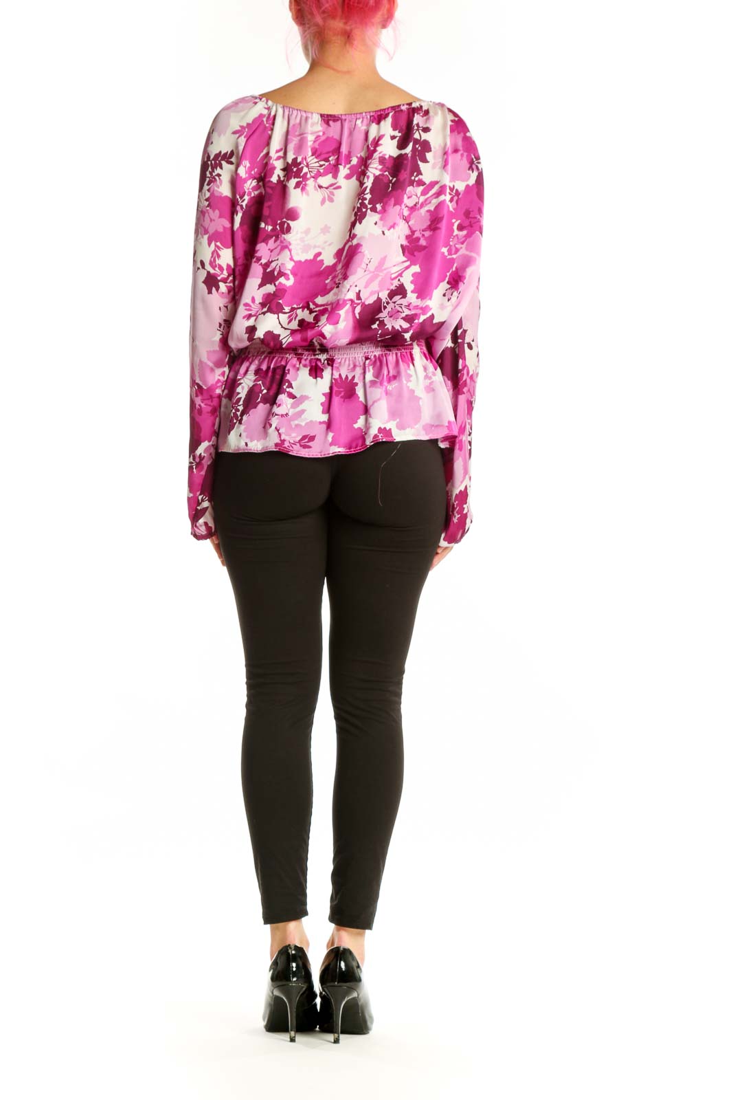 Pink and white floral off-shoulder blouse with long sleeves, back view