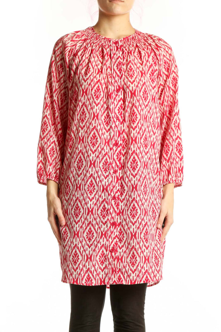 Red and white ikat print polyester tunic top by Maeve with three-quarter sleeves and crew neckline, front view