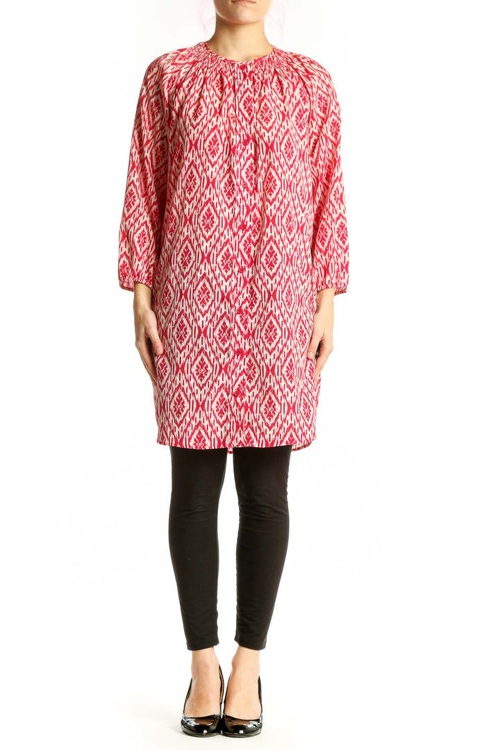 Red and white ikat print polyester tunic top by Maeve with three-quarter sleeves and crew neckline, front view