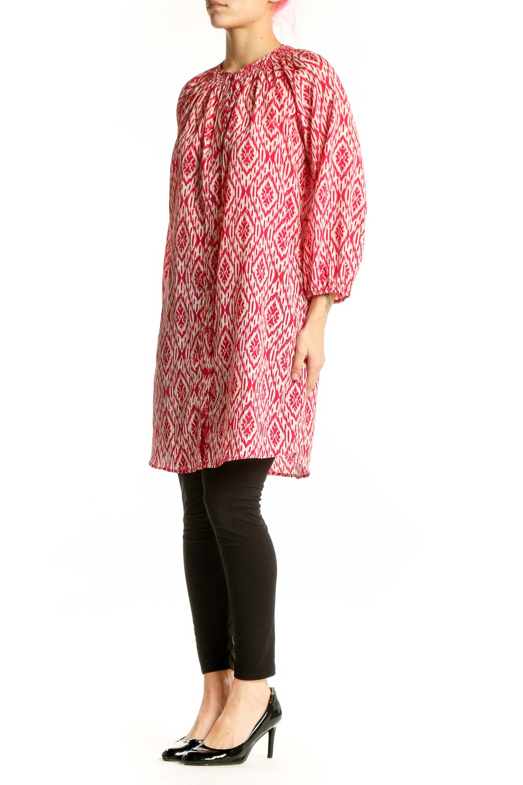 Red and white ikat print polyester tunic top by Maeve with three-quarter sleeves and crew neckline, front view