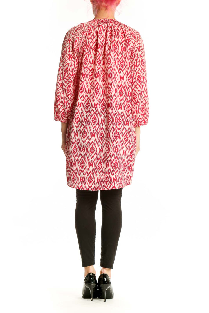 Red and white ikat print polyester tunic top by Maeve with three-quarter sleeves, back view