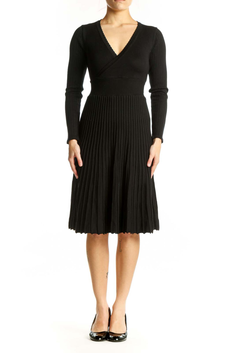 Black pleated wrap midi dress with V-neckline and long ribbed sleeves, front view