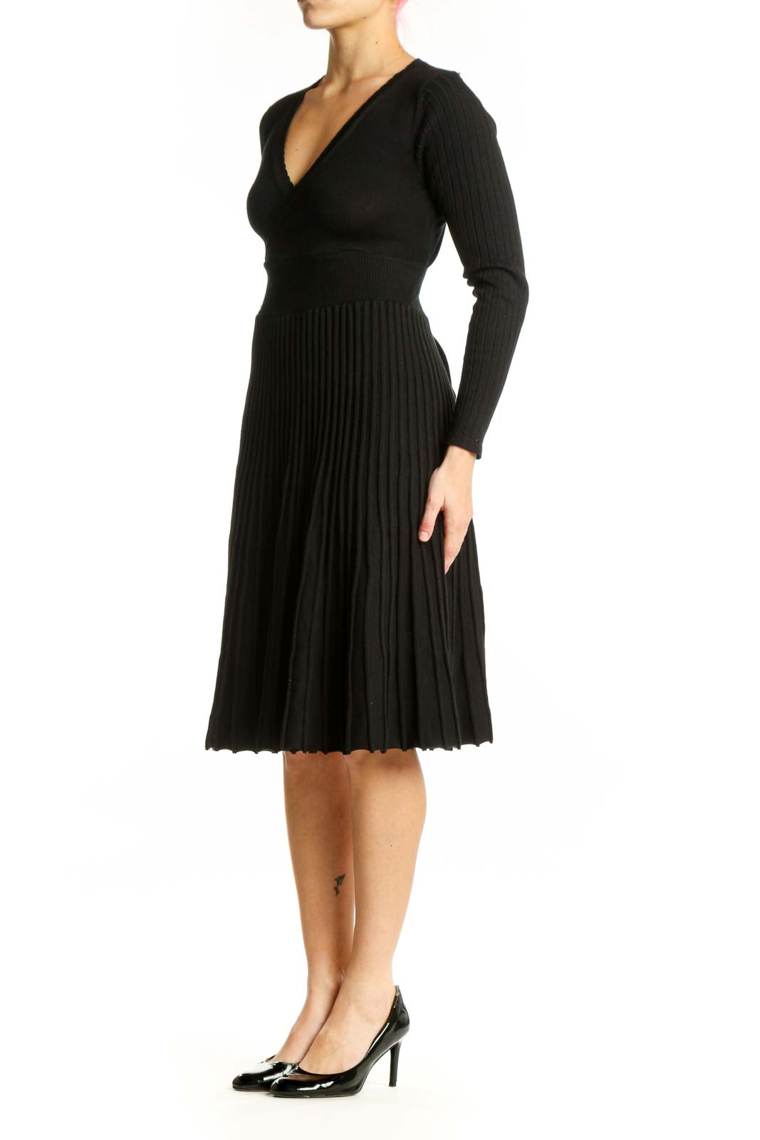 Black pleated wrap midi dress with V-neckline and long ribbed sleeves, front view