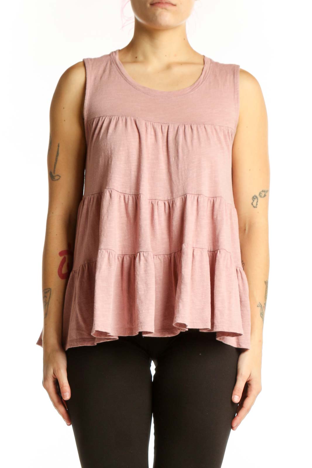 Pink tiered ruffle sleeveless tank top by Everleigh, front view on model