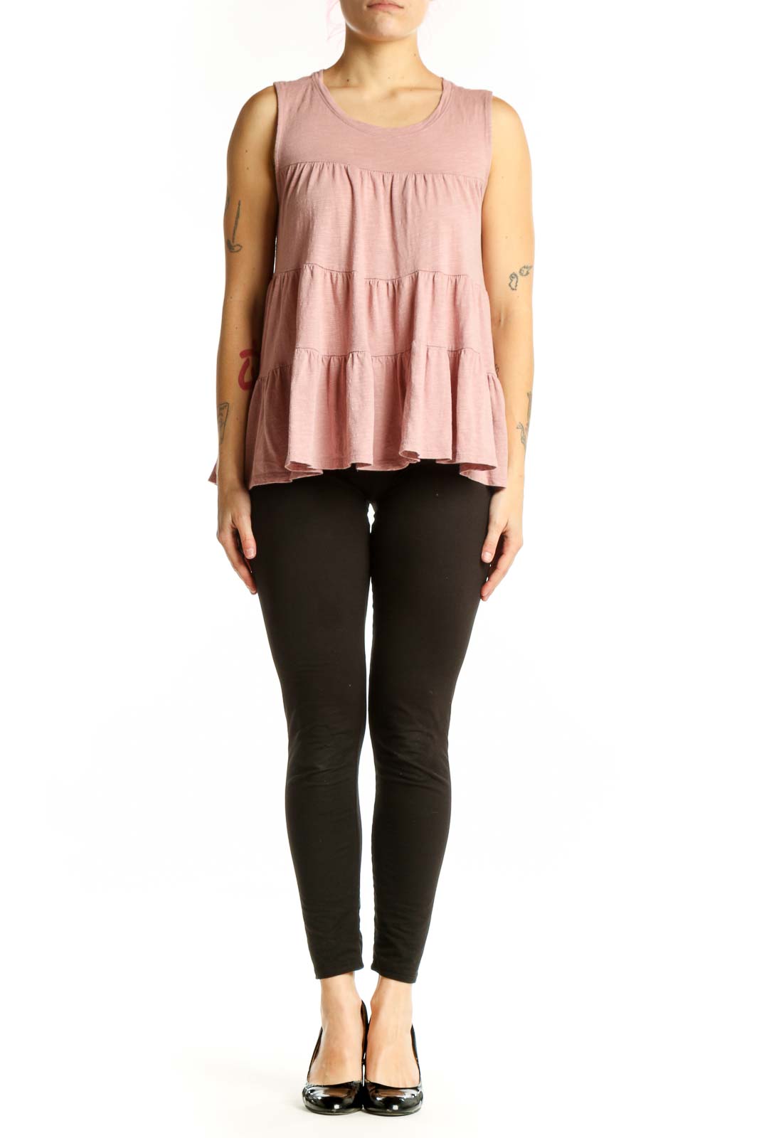 Pink tiered ruffle sleeveless tank top by Everleigh, front view on model