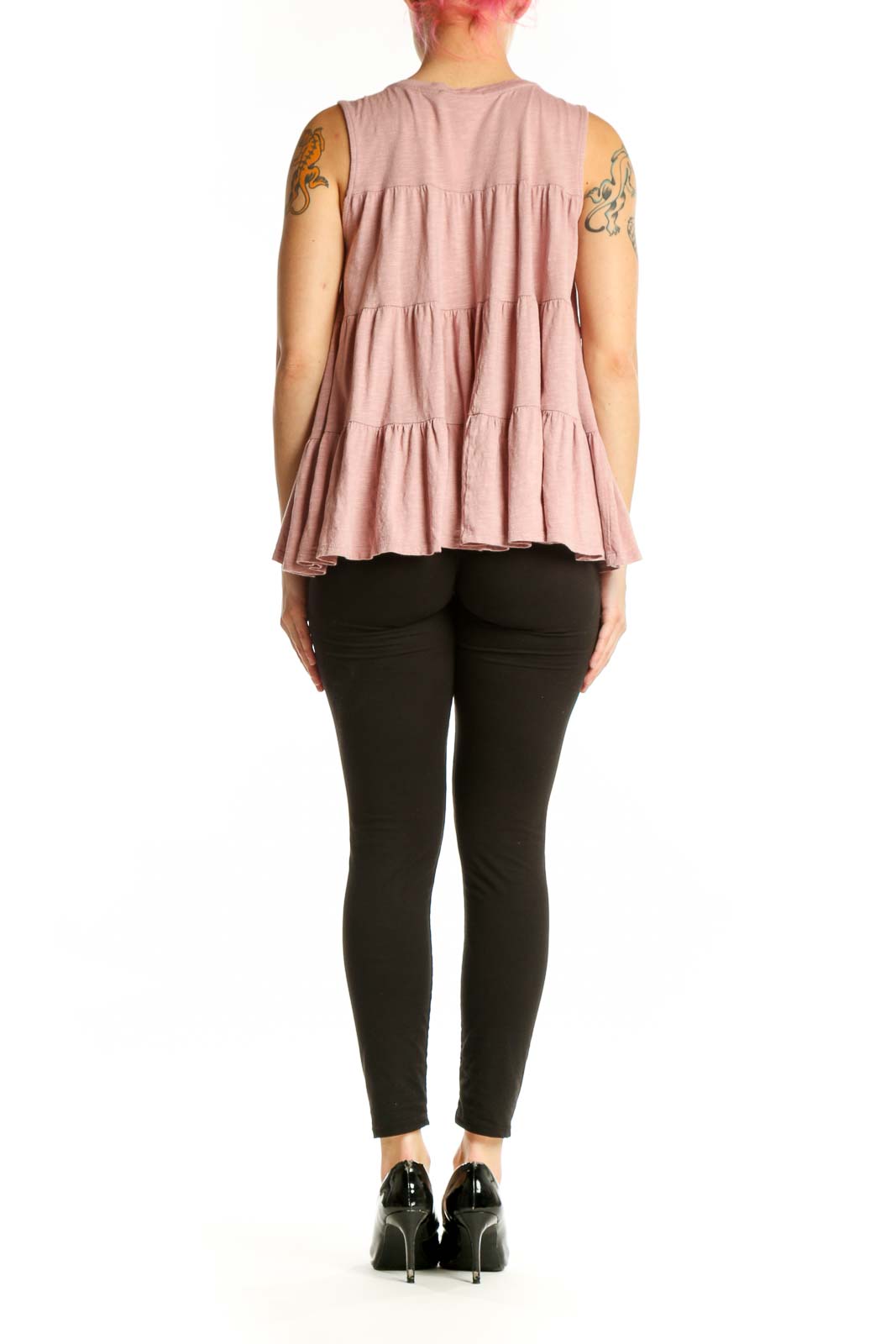 Pink tiered ruffle sleeveless tank top by Everleigh, back view on model