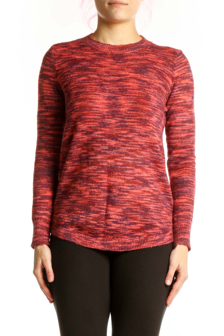 Red heathered knit pullover sweater with crew neckline and long sleeves, front view