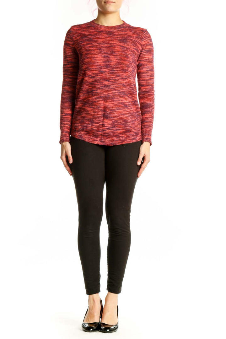 Red heathered knit pullover sweater with crew neckline and long sleeves, front view