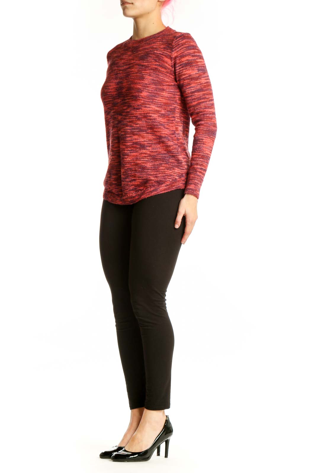 Red heathered knit pullover sweater with crew neckline and long sleeves, front view