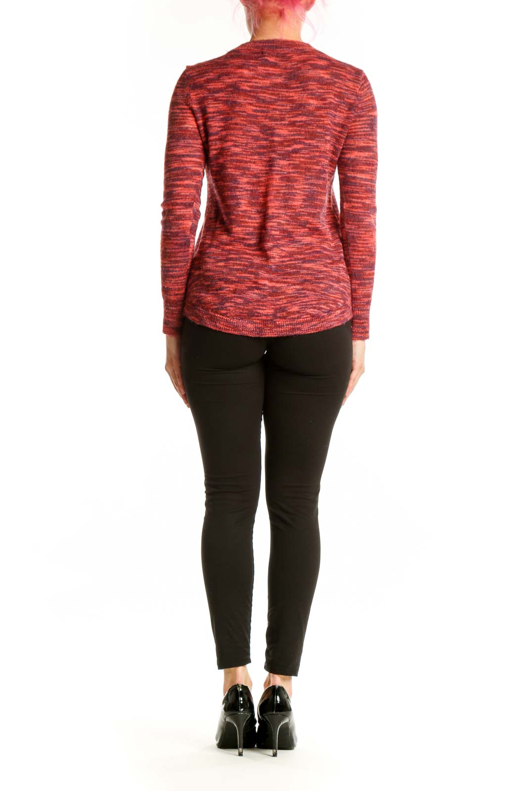 Red heathered knit pullover sweater back view showing relaxed fit and textured knit pattern