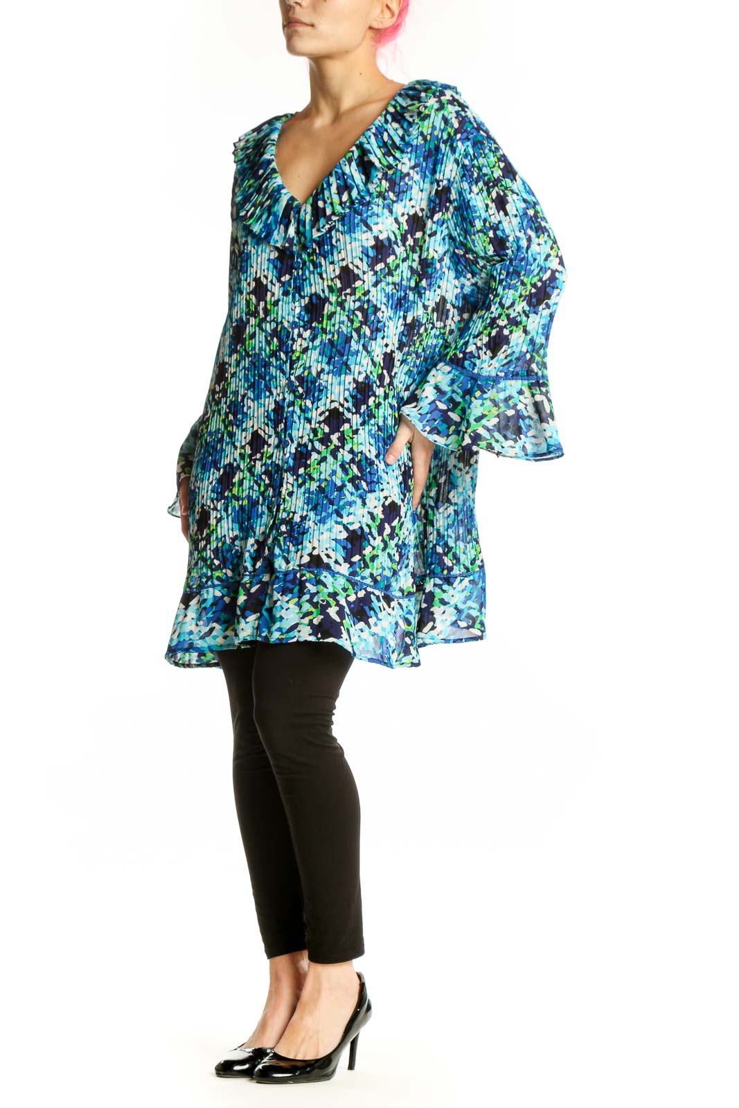 Blue and green floral pleated tunic top with flutter sleeves and V-neckline, front view