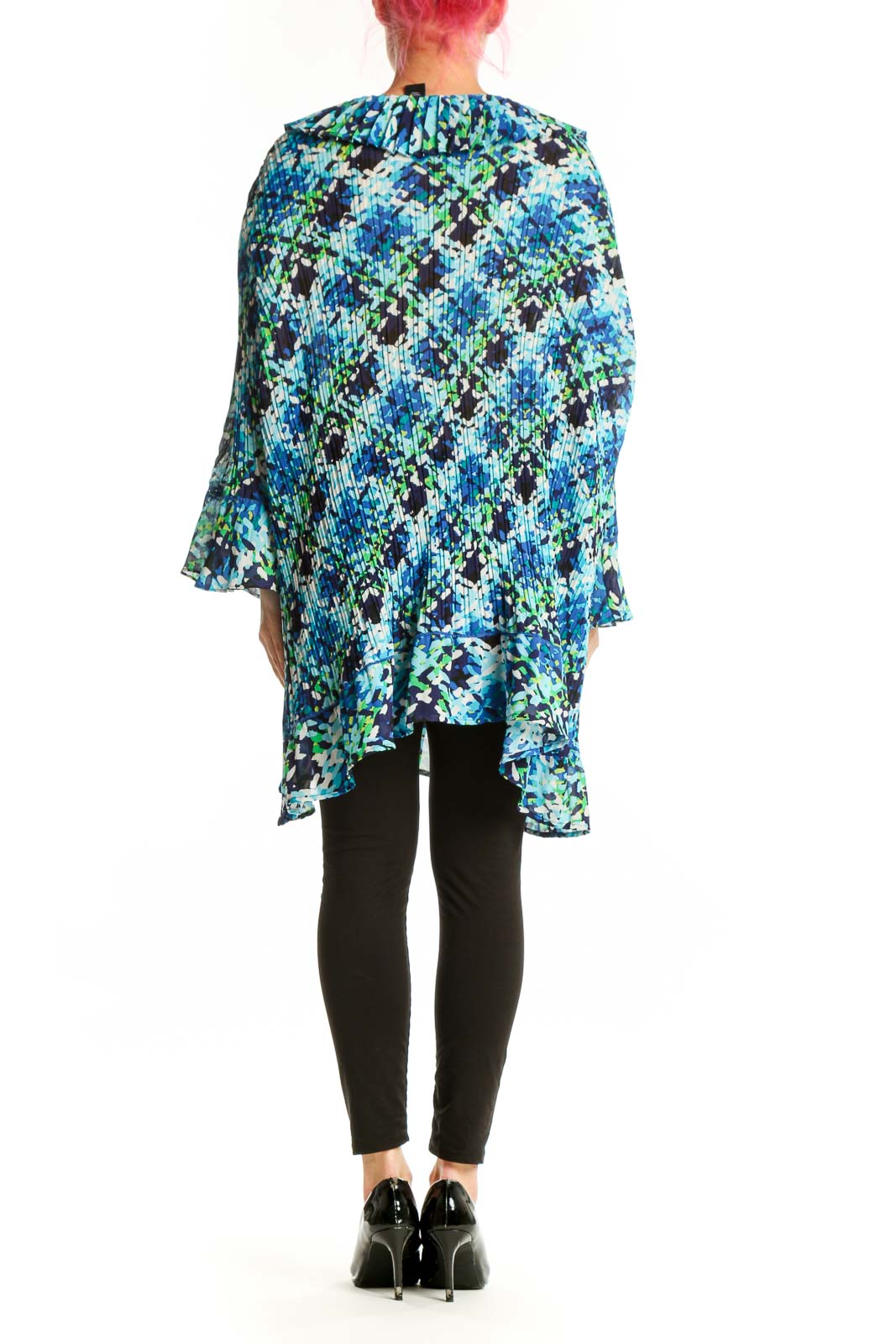 Blue and green floral pleated tunic top with asymmetrical hemline, back view