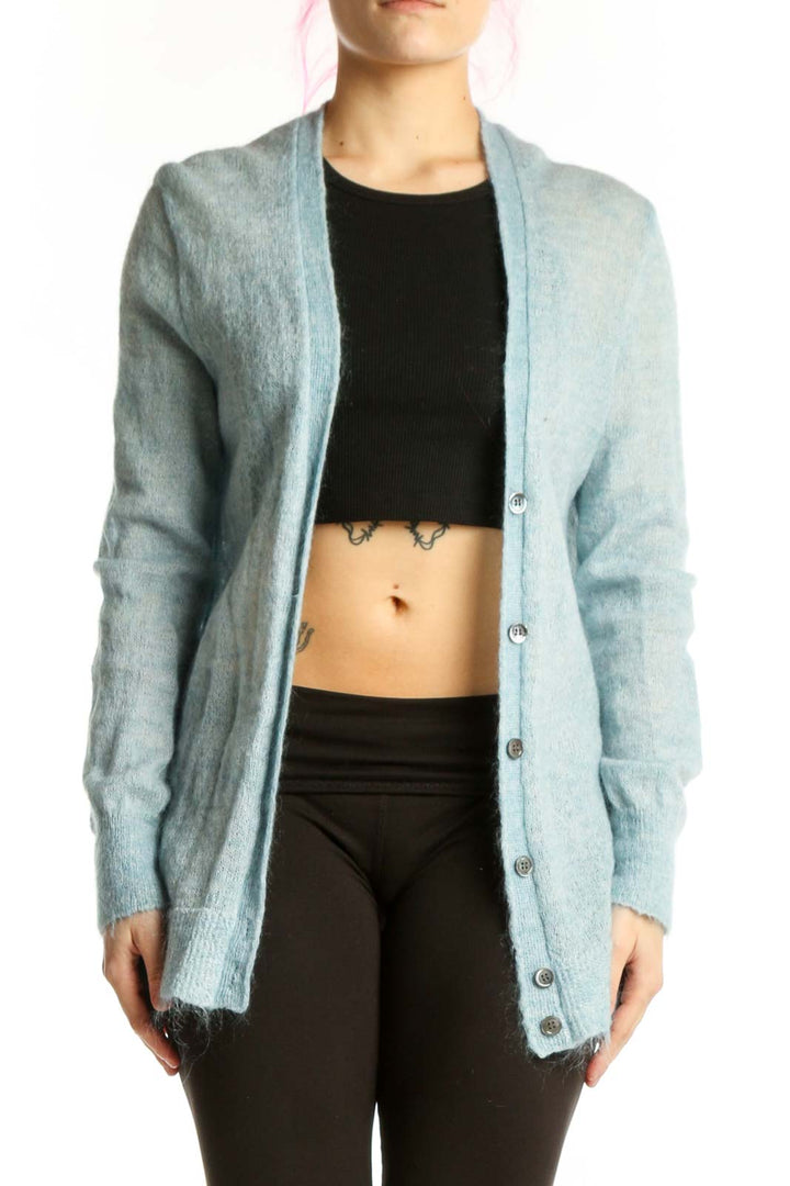 Front view of blue J.Crew mohair knit cardigan with button-front closure and long sleeves