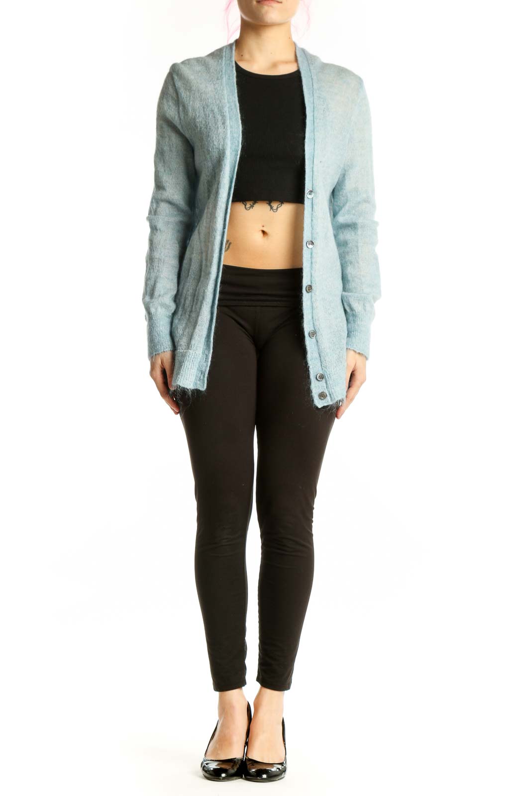 Front view of blue J.Crew mohair knit cardigan with button-front closure and long sleeves