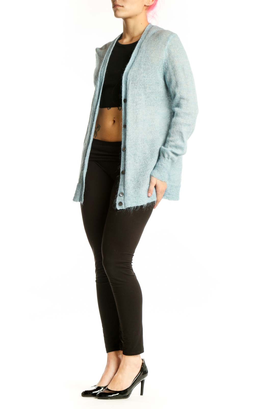 Front view of blue J.Crew mohair knit cardigan with button-front closure and long sleeves