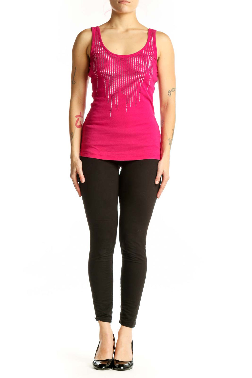 Pink beaded tank top with rhinestone cascade detail, scoop neckline, sleeveless design on model