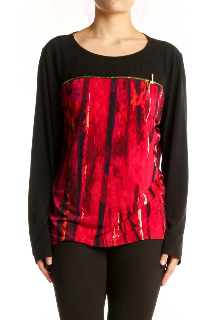 Calvin Klein red velvet color-block long sleeve top with black body, front view