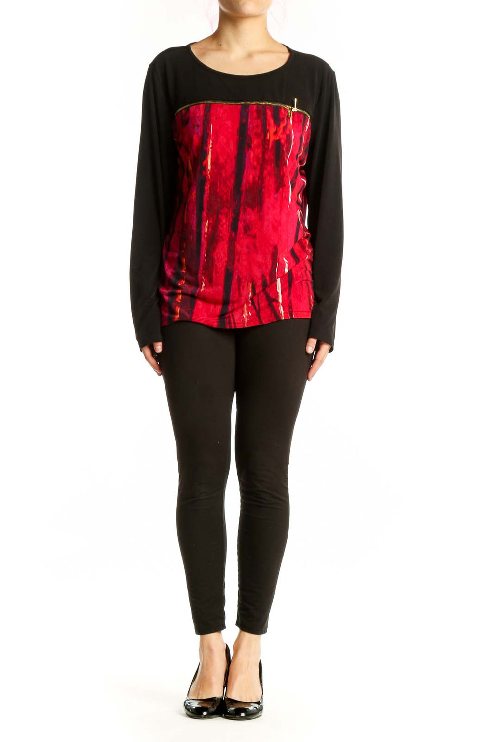 Calvin Klein red velvet color-block long sleeve top with black body, front view