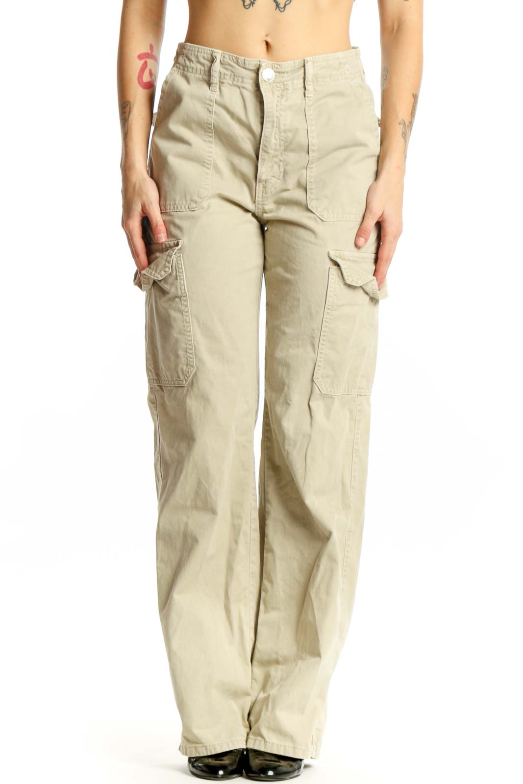Beige cargo pants with side pockets, high-waisted design, straight-leg fit, front view