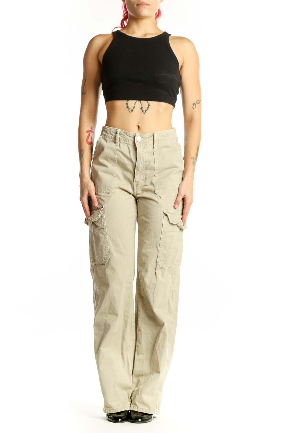 Beige cargo pants with side pockets, high-waisted design, straight-leg fit, front view