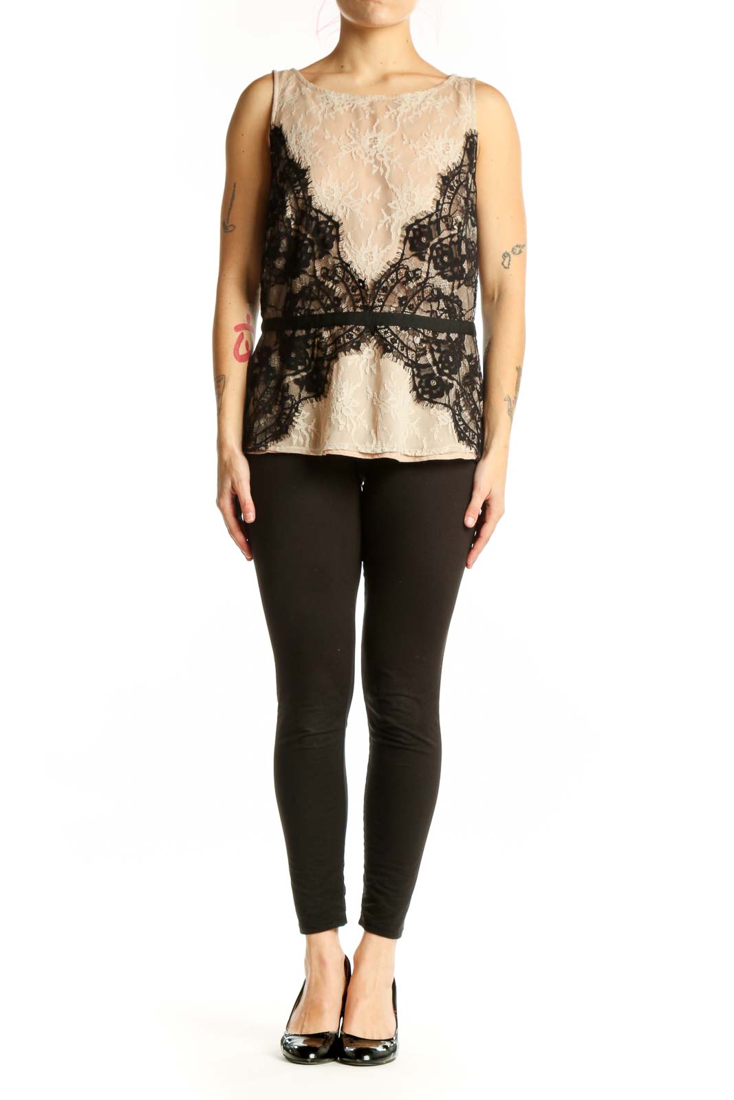 Cream and black lace sleeveless top by LOFT, front view showing intricate lace detailing and color-block design
