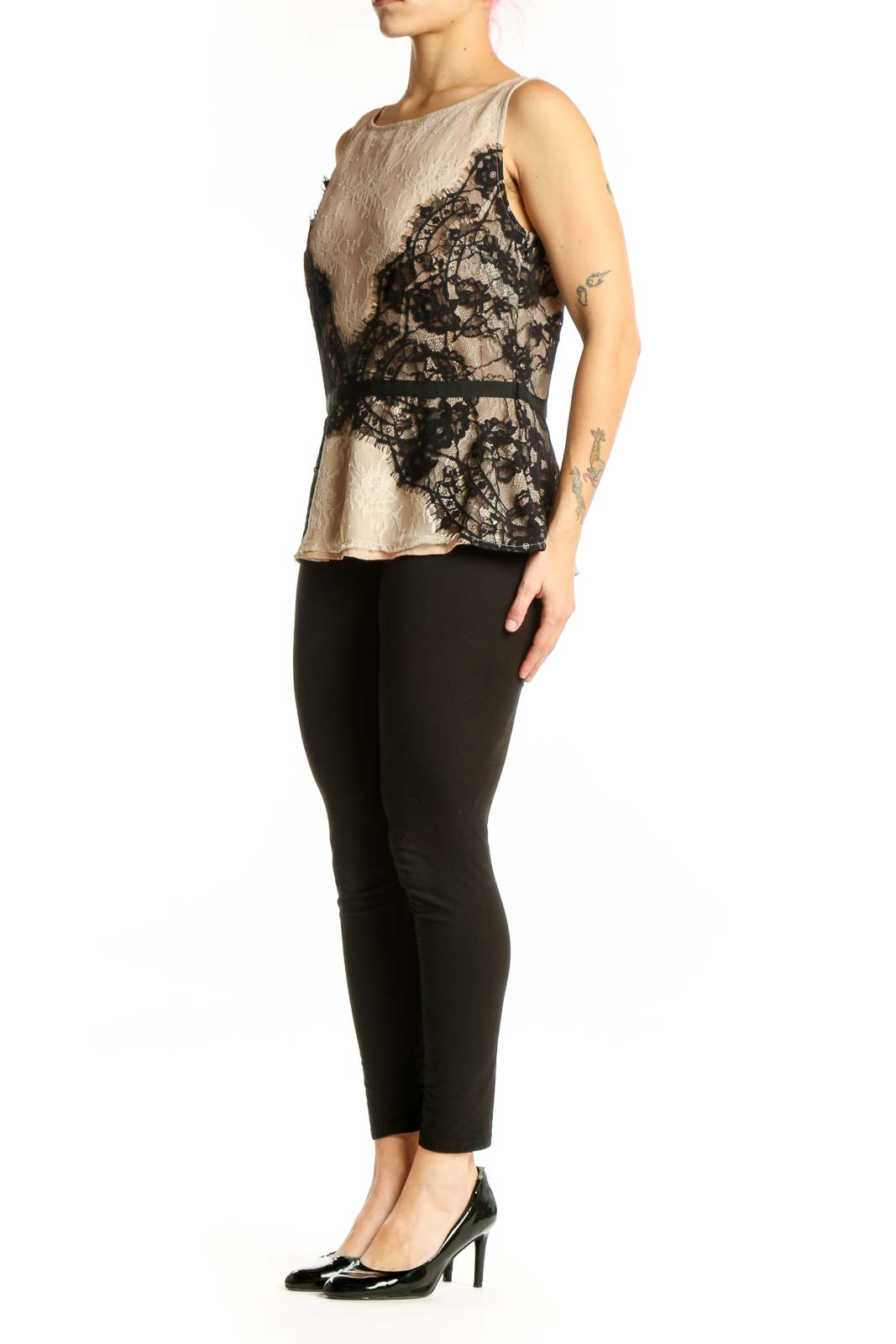 Cream and black lace sleeveless top by LOFT, front view showing intricate lace detailing and color-block design