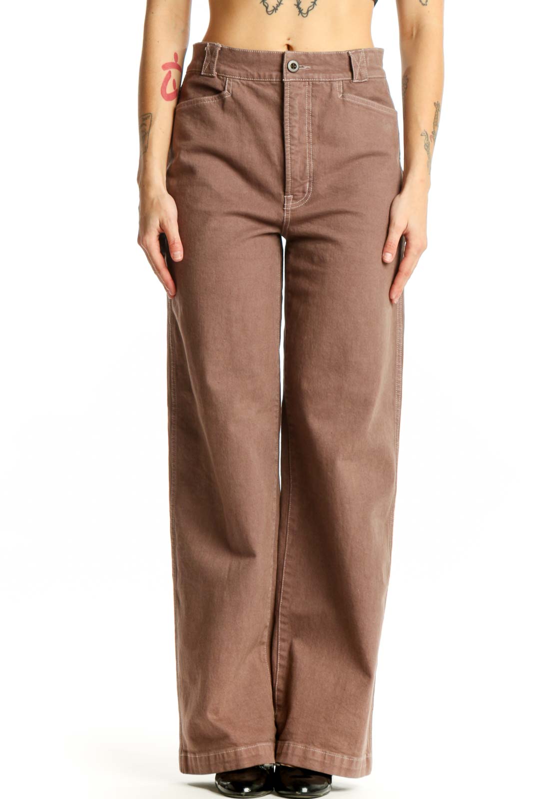 Front view of taupe wide-leg cotton denim pants by Madewell, size S, featuring classic five-pocket styling and relaxed fit