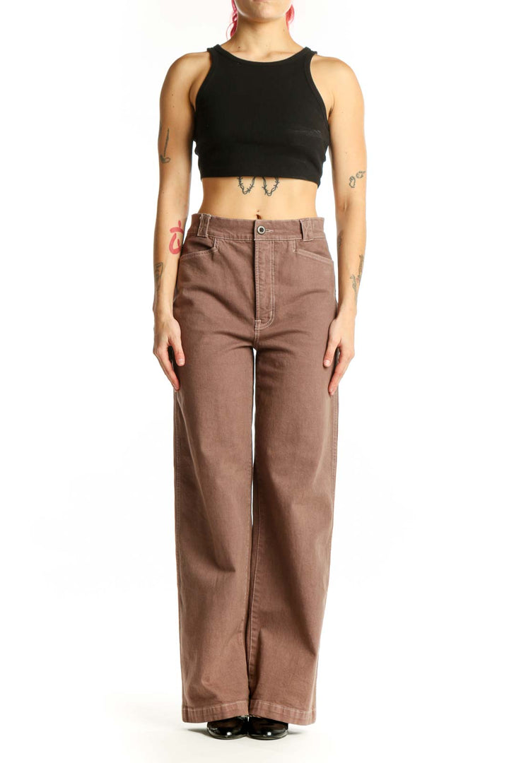 Front view of taupe wide-leg cotton denim pants by Madewell, size S, featuring classic five-pocket styling and relaxed fit