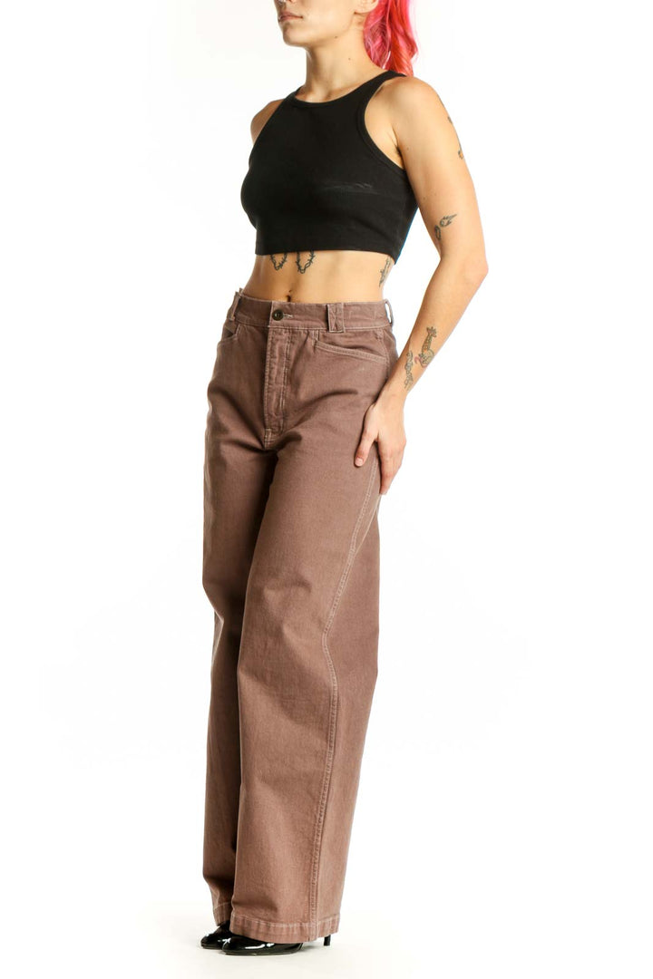 Front view of taupe wide-leg cotton denim pants by Madewell, size S, featuring classic five-pocket styling and relaxed fit